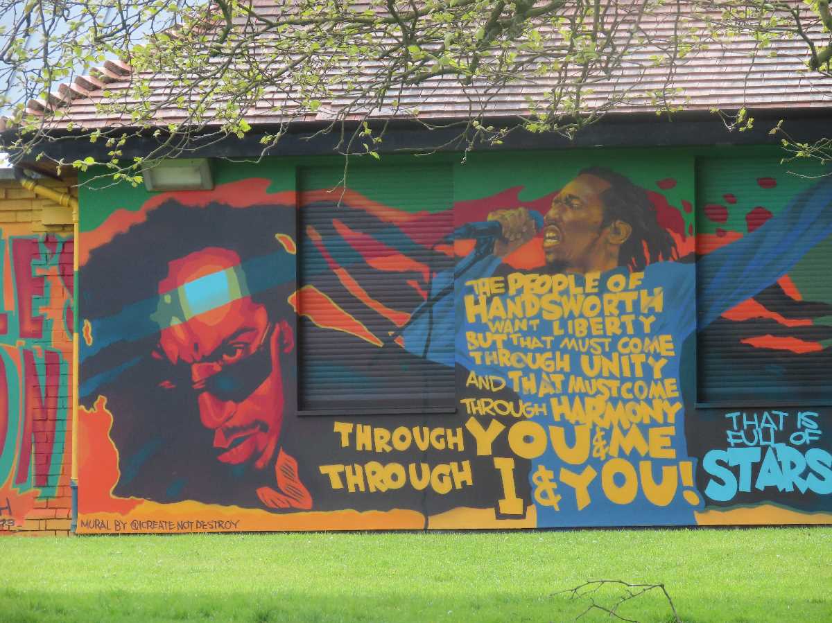 Benjamin Zephaniah mural at the Sons of Rest building in Handsworth Park